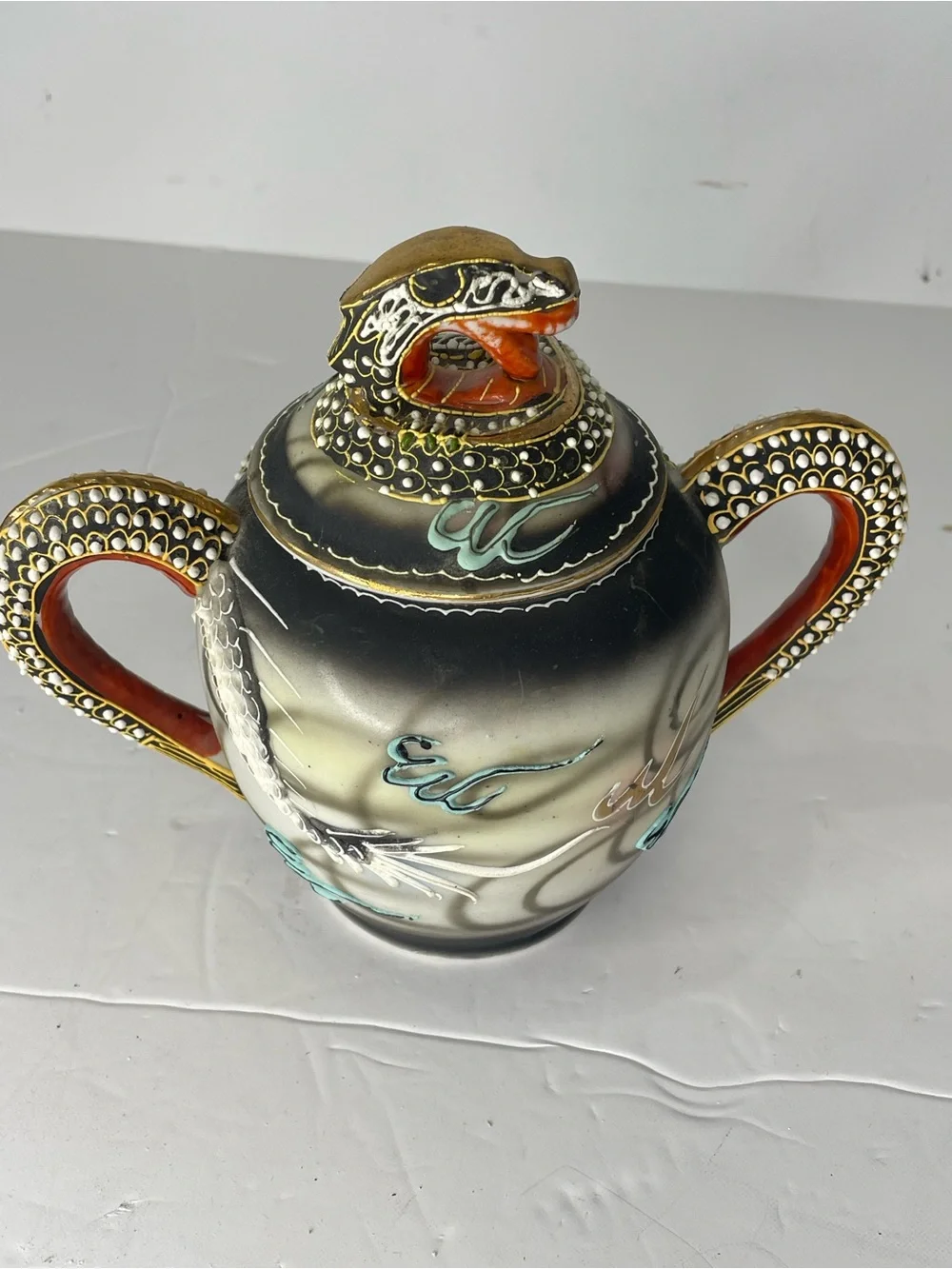 Vintage Victoria China Dragon Sugar Bowl Moriage Dragonware 3D Gold Trim